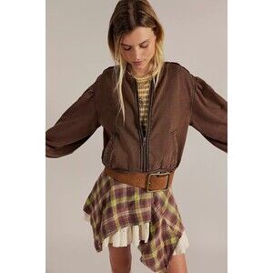 Free People Okayyy Sweatshirt Bomber Jacket Top Ribbed Balloon Sleeves S 283724